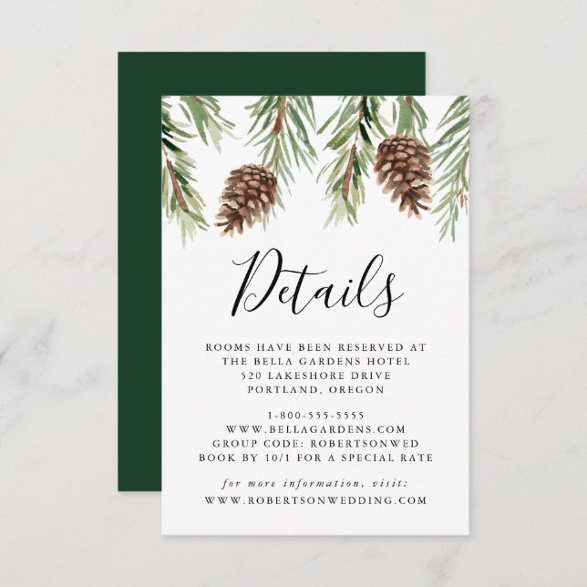 Winter Watercolor Pinecone Wedding Details Enclosure Card (Front/Back)