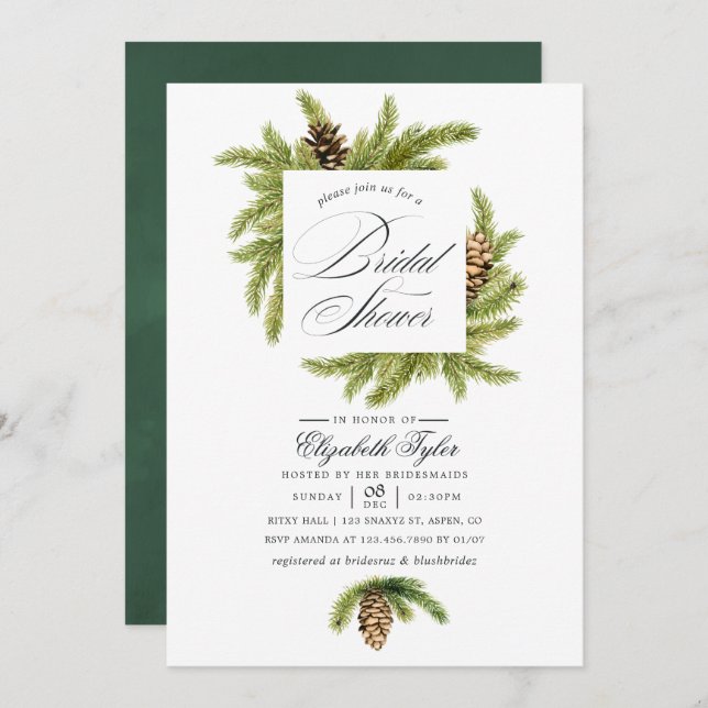 Winter Watercolor Pines Bridal Shower Invitation (Front/Back)