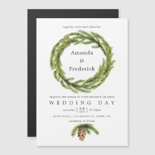 Winter Watercolor Pines Wedding Magnetic Invitation