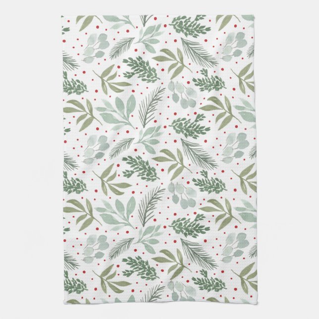 Winter Watercolor Rustic Holiday Garland Pine Red Tea Towel (Vertical)