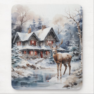 Winter Watercolor Scene - Deer and Cottage  Mouse Pad