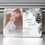 Winter watercolor snowy pines photo save the date magnet<br><div class="desc">Winter watercolor snowy pines photo save the date editable magnet. Snowy pines with pine cones muted Scandinavian winter colours</div>