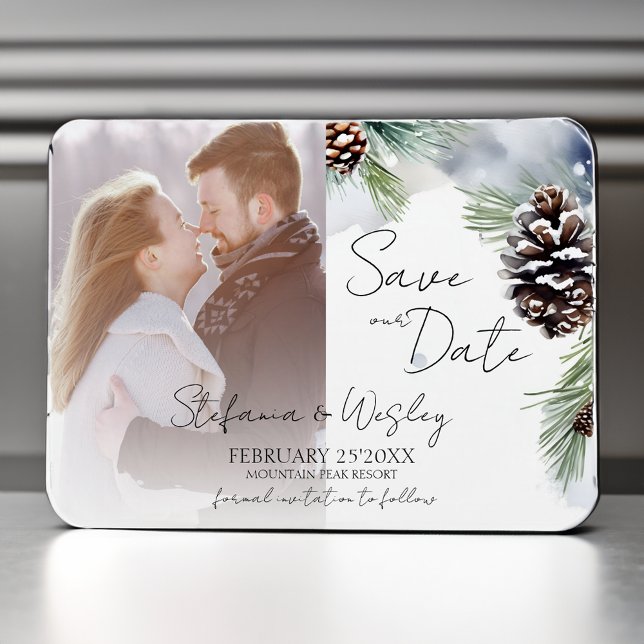 Winter watercolor snowy pines photo save the date magnet (Winter watercolor snowy pines photo save the date magnet winter themed wedding save the date )