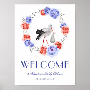 Winter Watercolor Stork Welcome Baby Shower Poster