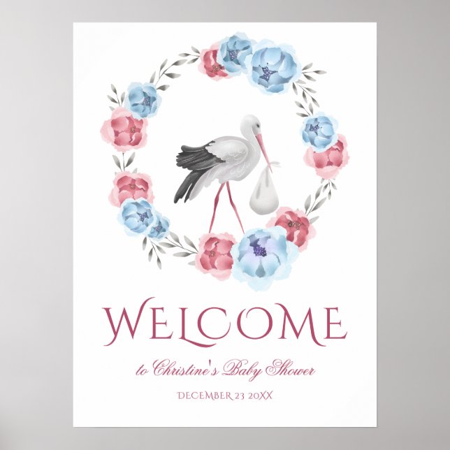 Winter Watercolor Stork Welcome Baby Shower Poster (Front)