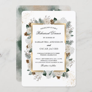 Winter Watercolor White Flowers & Pine Frame Invitation