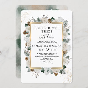 Winter Watercolor White Flowers & Pine Frame Invitation