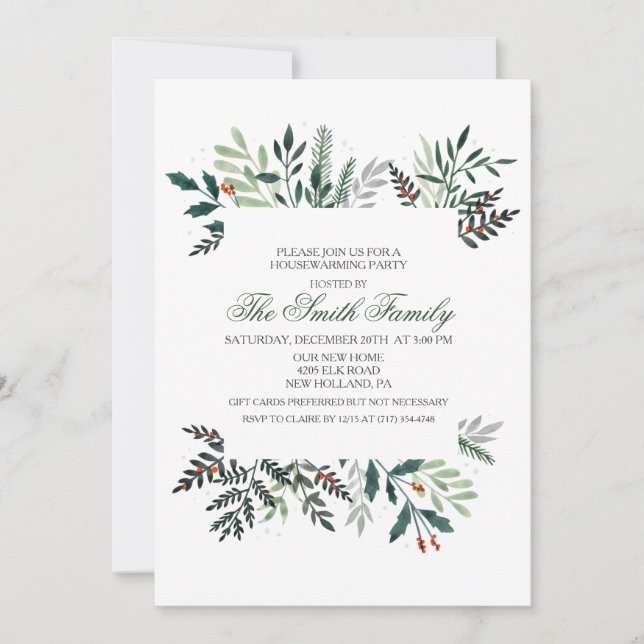Winter Watercolor Wreath Housewarming Invitation (Front)
