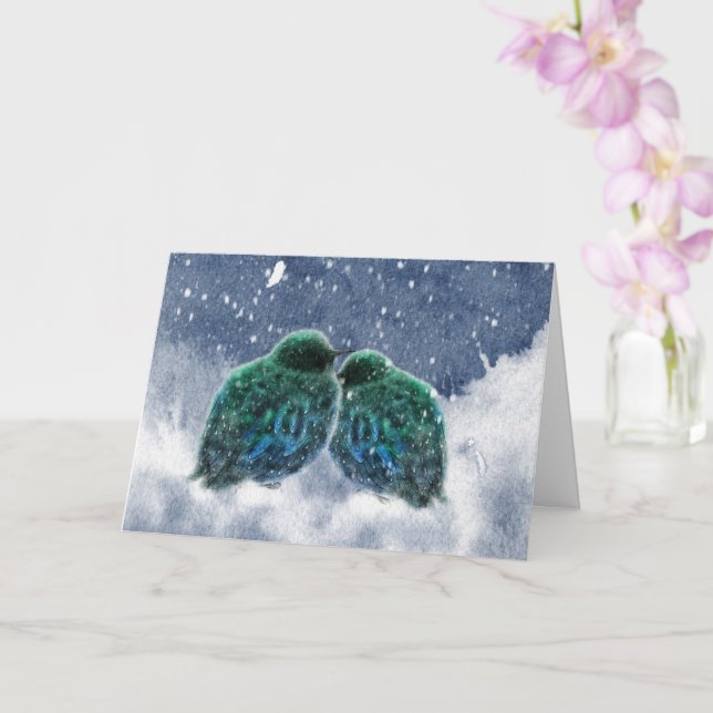 Winter Watercolour Birds Christmas Card (Orchid)