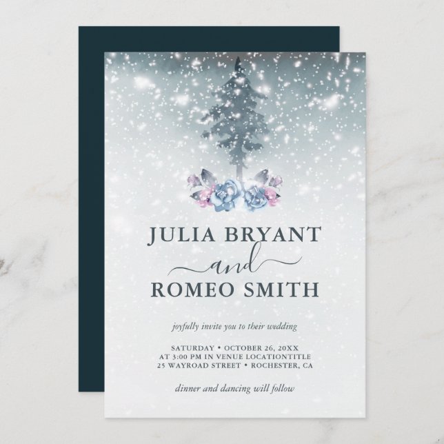 Winter Wedding Blue Pine Tree Invitation (Front/Back)
