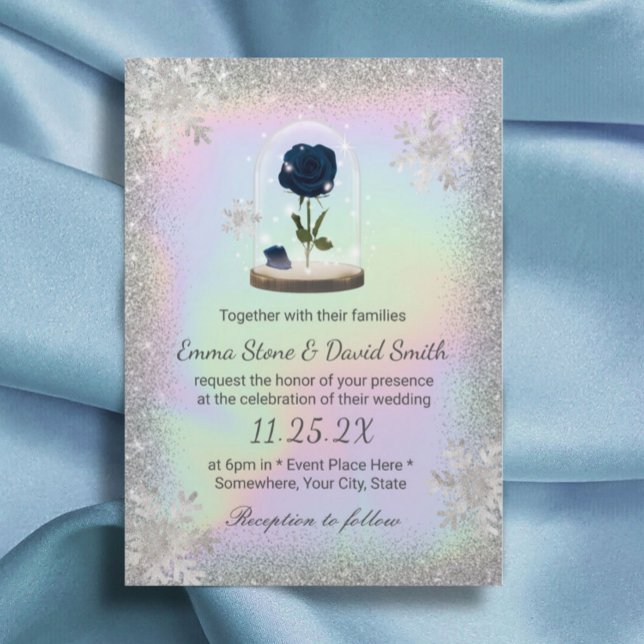 Winter Wedding Blue Rose Flower Dome Holographic Invitation (Creator Uploaded)