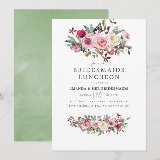 Winter Wedding Bridesmaids Luncheon Floral Invite (Front/Back)