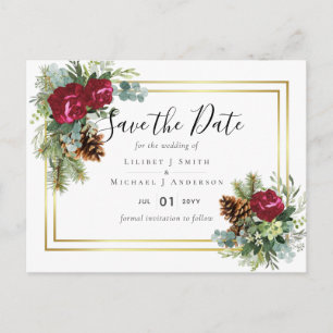 Winter Wedding Burgundy Roses Eucalyptus Postcard