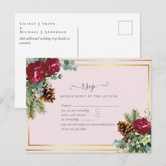 Winter Wedding Burgundy Roses Eucalyptus Postcard (Front/Back)