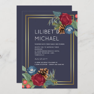 Winter Wedding Burgundy Teal Blue Modern Invitation