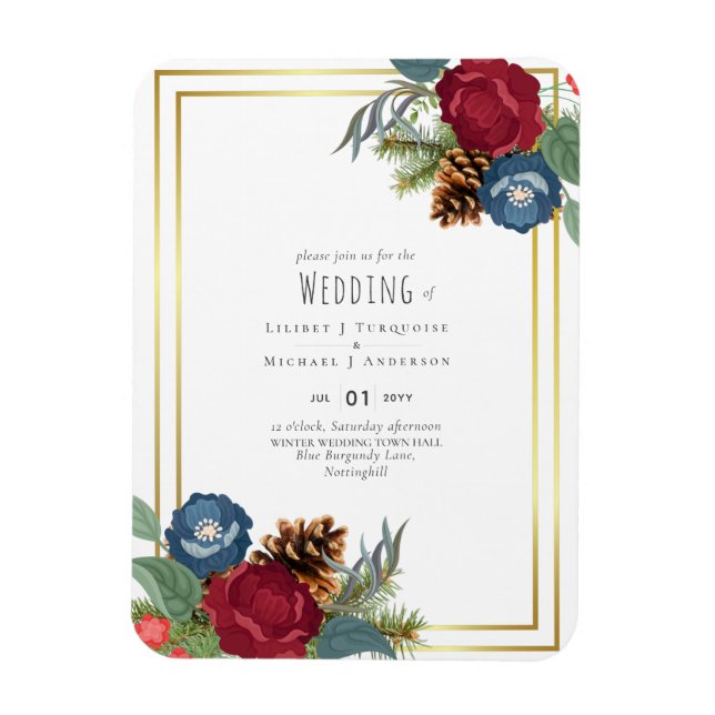 Winter Wedding Burgundy Teal Blue Modern Magnet (Vertical)