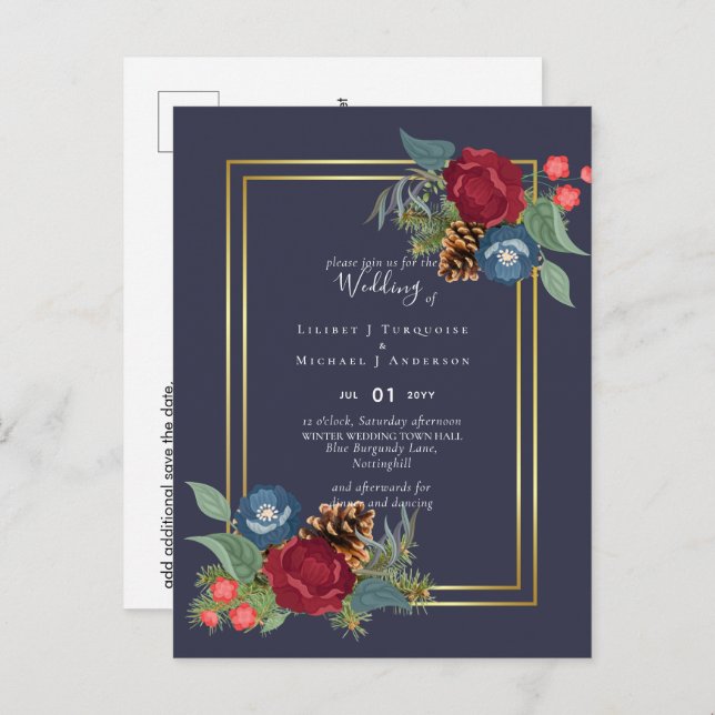 Winter Wedding Burgundy Teal Blue Modern Postcard (Front/Back)