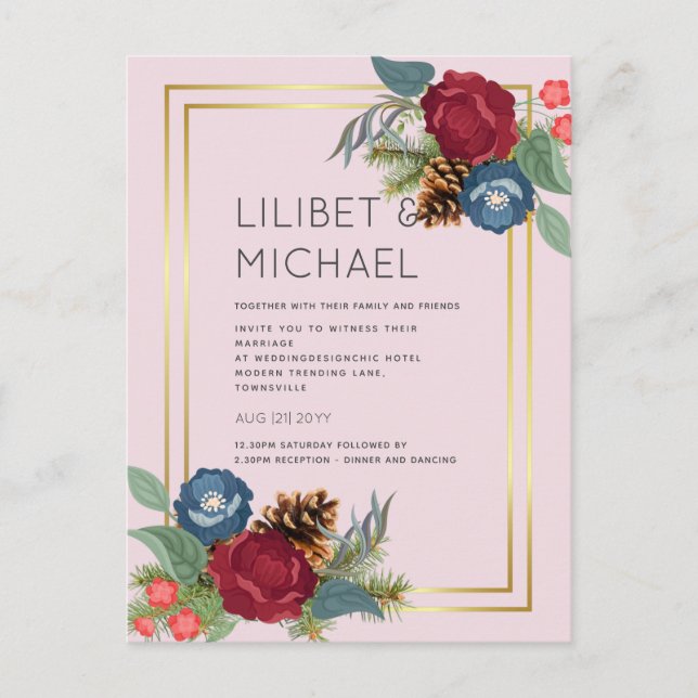 Winter Wedding Burgundy Teal Blue Modern Postcard (Front)