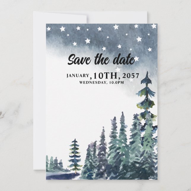 Winter Wedding card with nevy blue sky pine tree (Back)