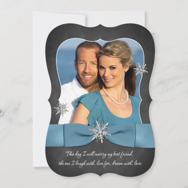 Winter Wedding | Chalkboard, Silver Snowflake Blue Invitation (Front)