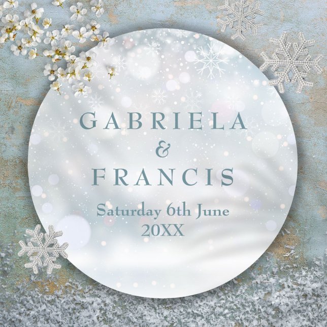 Winter Wedding Elegant First Snowflakes Classic Round Sticker (Winter Wedding Elegant First Snowflakes Classic Round Sticker)