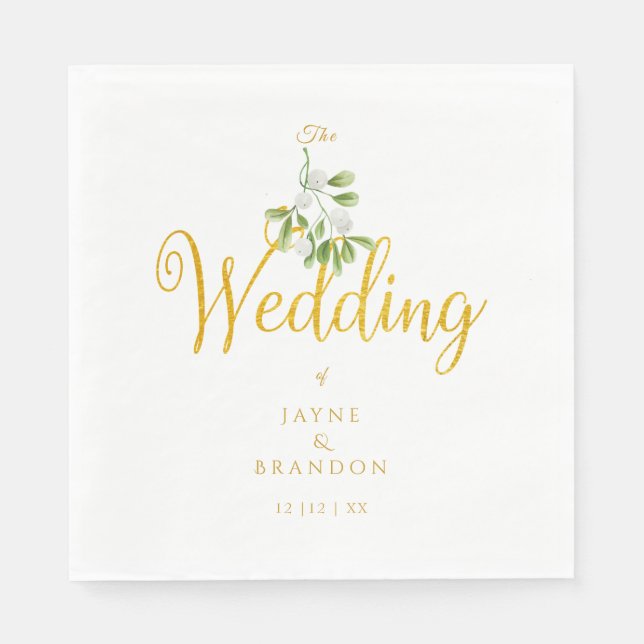 Winter Wedding Elegant Gold Script Mistletoe  Napkin (Front)