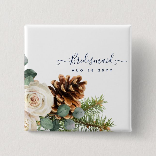 Winter Wedding Eucalyptus Greenery White Roses 15 Cm Square Badge (Front)