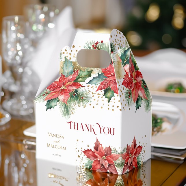 Winter wedding favours poinsettia gold template favour box (Winter wedding favors red poinsettia gold sprinkles template favor box)