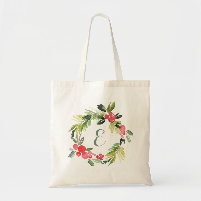 Winter Wedding Floral Watercolor Wreath | Monogram Tote Bag (Front)