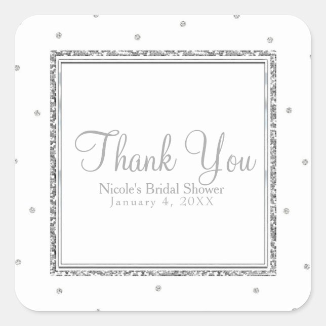 Winter Wedding Glam Silver & White Dots Party Square Sticker (Front)