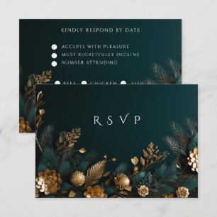 Winter Wedding Gold Pine Cones Gold Pine Needles RSVP Card