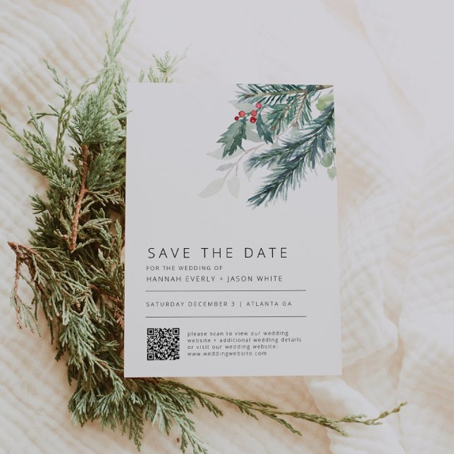 Winter Wedding Greenery QR Code Save The Date Invitation (Creator Uploaded)