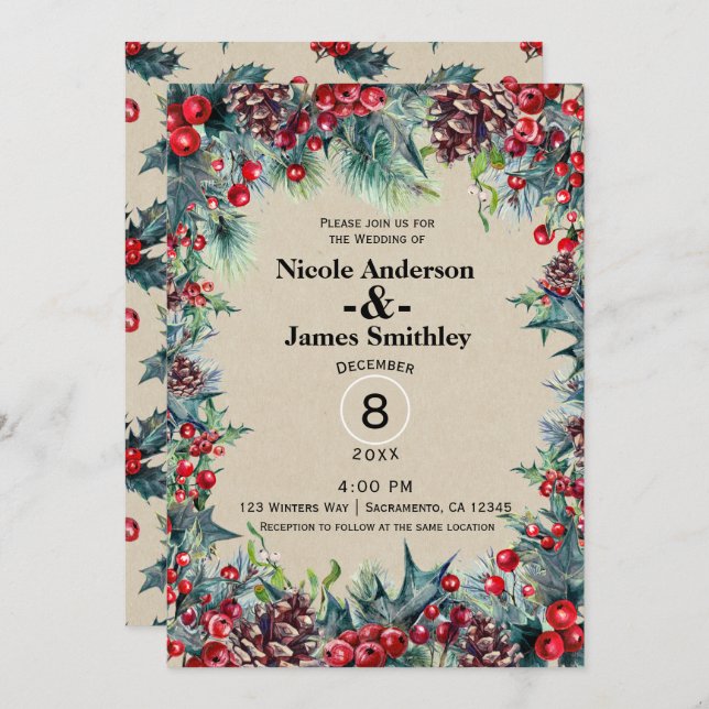 Winter Wedding Holiday Christmas Berries Pine Cone Invitation (Front/Back)