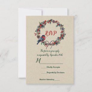 Winter Wedding Holiday Christmas Holly Berry Bird Invitation