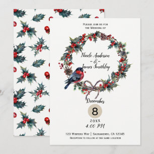 Winter Wedding Holiday Christmas Holly Berry Bird Invitation