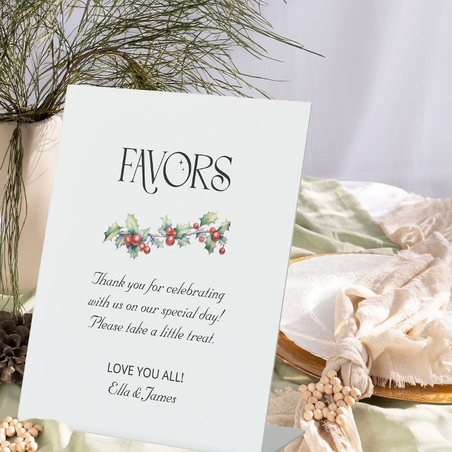 Winter Wedding Holly and Berries Favours Table Sig Pedestal Sign (Favors Table Sign from the Holly Bells Wedding Collection by Darling & May)
