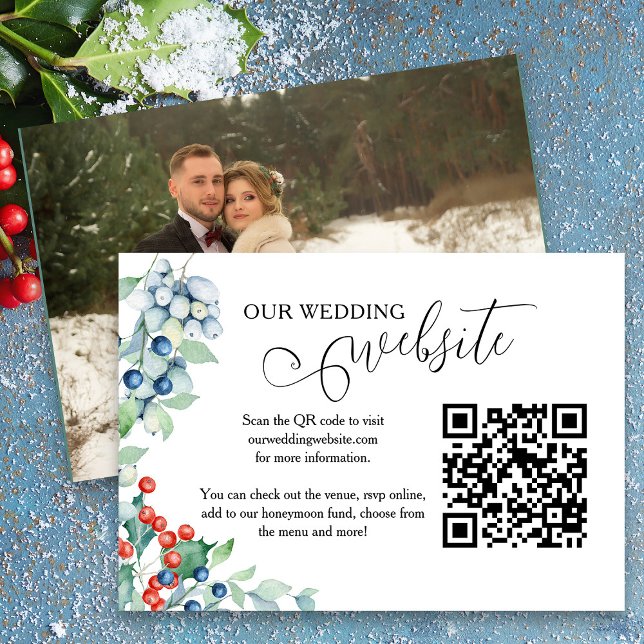 Winter Wedding Holly Berries Wedding Website Enclosure Card (Wedding website insert card with qr code and full size photo from my Winter Berries wedding suite)