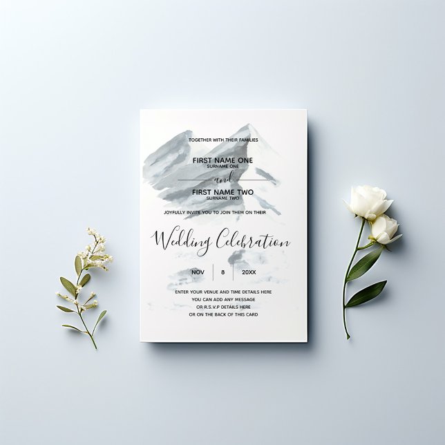 Winter wedding invitation (Serene watercolor mountain landscape in soft, muted grey tones wedding invitation.)