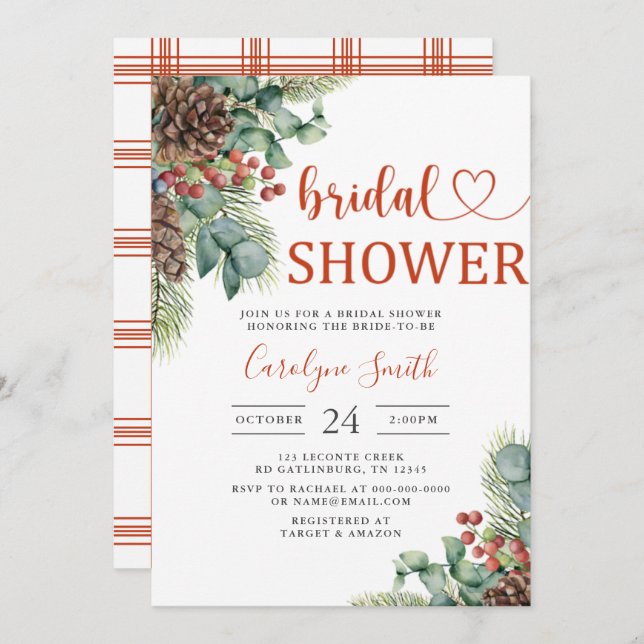 Winter Wedding Invitation, Christmas Bridal Shower Invitation (Front/Back)
