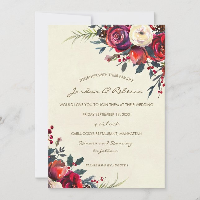 winter wedding invitation roses berries holiday (Front)