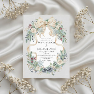 Winter Wedding Invitation with Cream Bow and Flora
