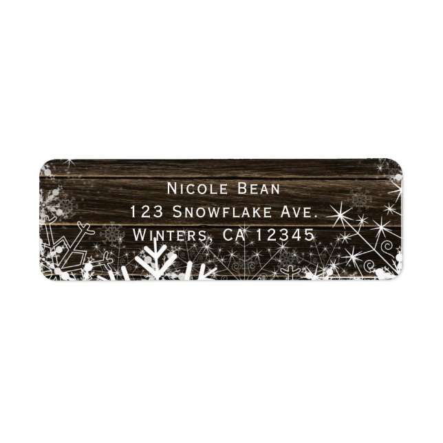 Winter Wedding Lights & Snowflakes Rustic Wood Return Address Label (Front)