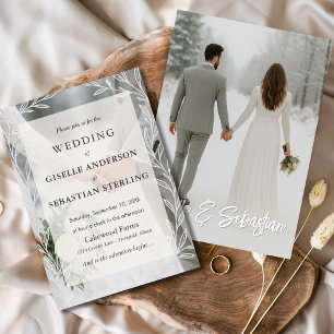 Winter Wedding Photo Floral Script Invitation