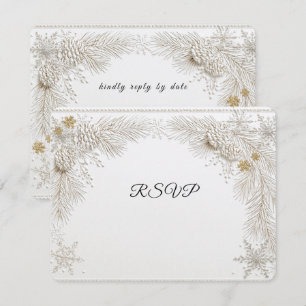 Winter Wedding Pine Branches Gold Snowflakes RSVP Card