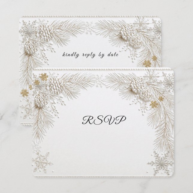 Winter Wedding Pine Branches Gold Snowflakes  RSVP Card (Front/Back)