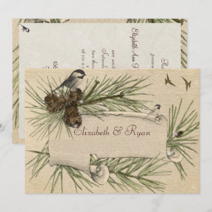 Winter Wedding, Pine Cones Black Cap Chicadee Invitation