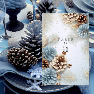 Winter Wedding Pine Cones Modern Blue Brown White  Table Number