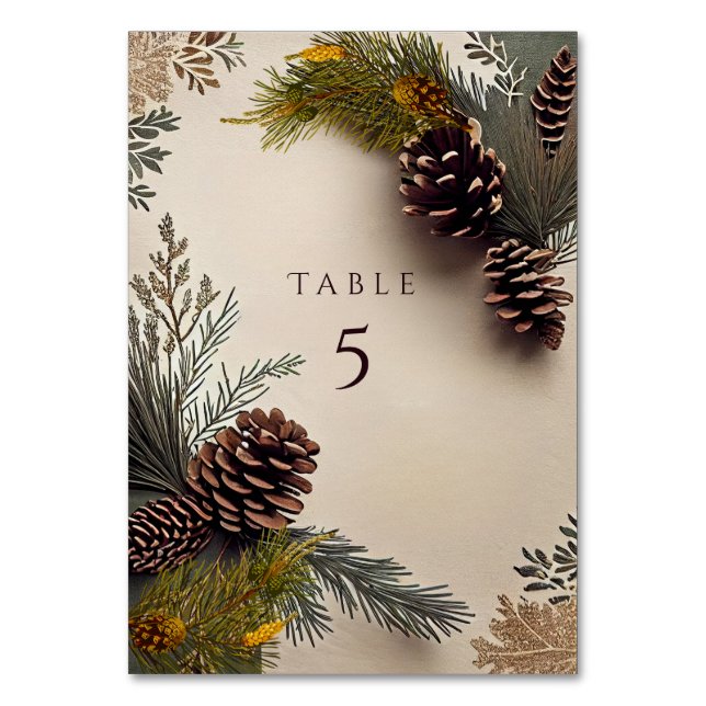 Winter Wedding Pine Cones Pine Needles Table Number (Front)