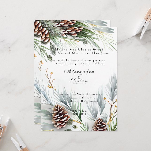Winter Wedding Pine Cones Snow Pine Branches   Invitation (Front/Back In Situ)