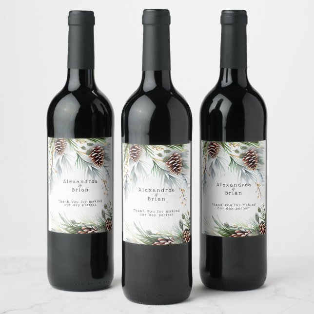 Winter Wedding Pine Cones Snow Pine Branches   Wine Label (Bottles)